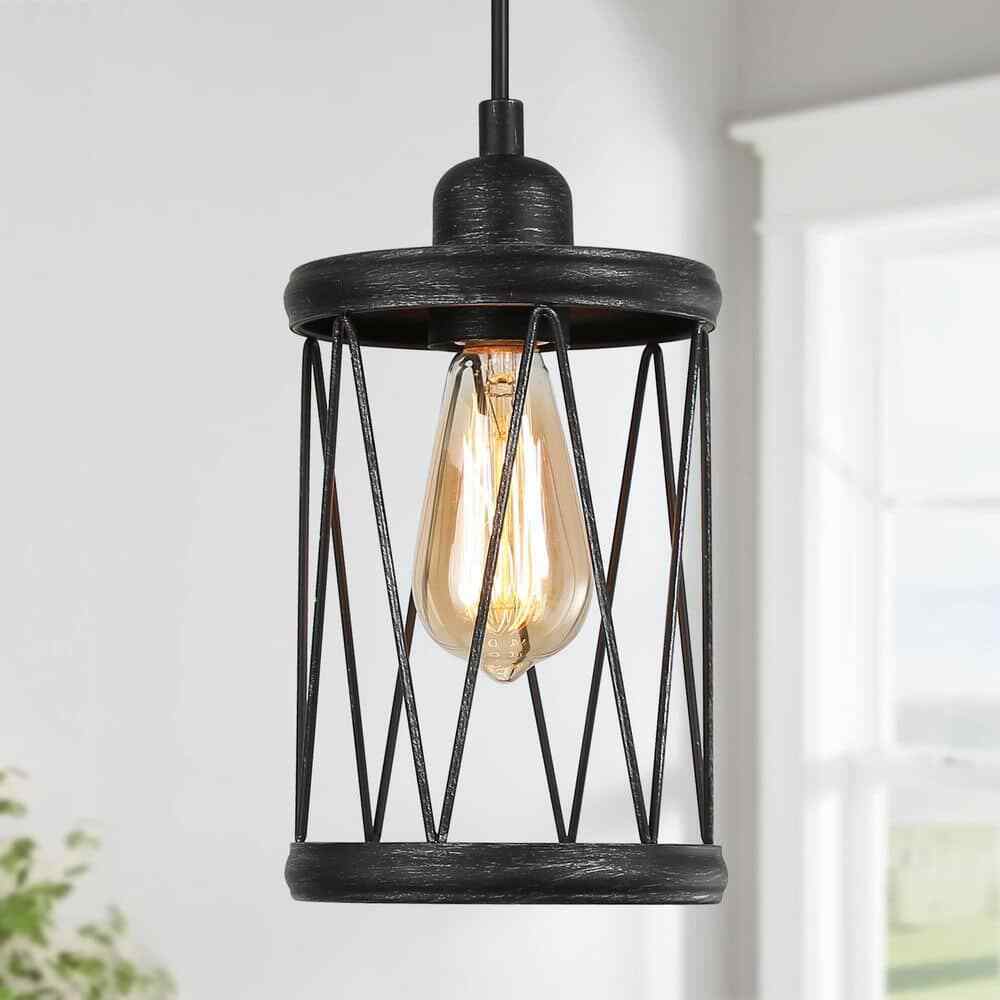 LNC Antique Black Drum Pendant Light Industrial 1-Light Island Chandelier