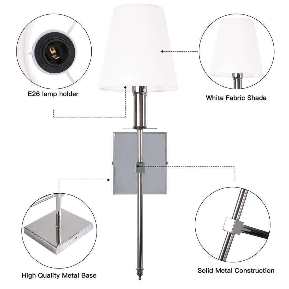 LamQee 1-Light Satin Nickel Wall Sconce with White Fabric Shade