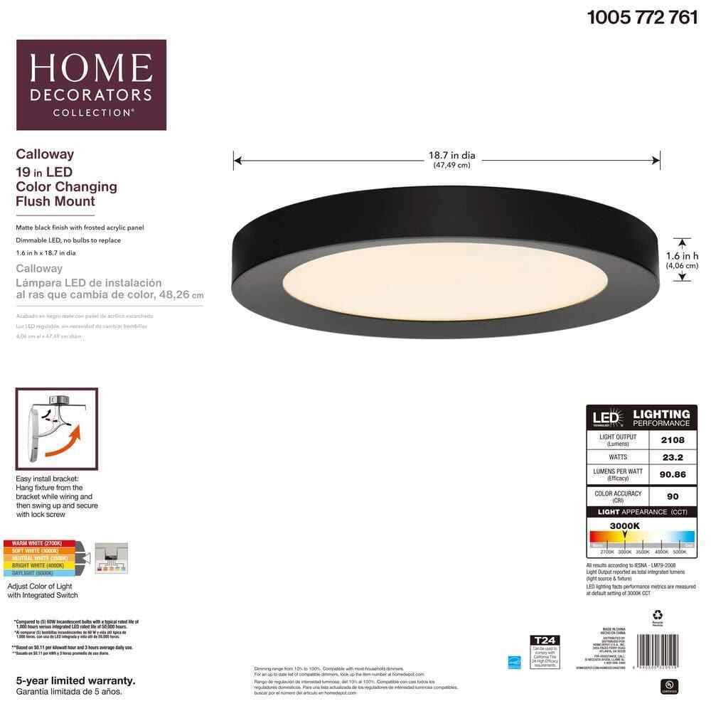 Home Decorators Calloway 19 in. Matte Black Concave Selectable LED Flush Mount