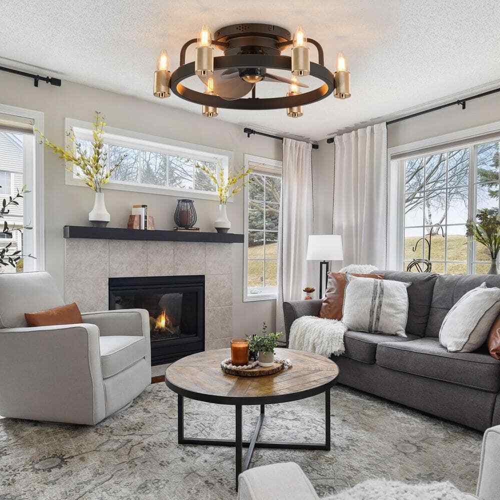 FANNEHONNE 20 in. Gold Flush Mount Caged Ceiling Fan w/ Lights and Remote