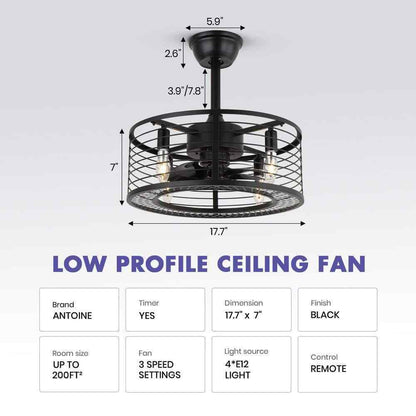 ANTOINE 17 in. Indoor Black Ceiling Fan Caged Ceiling Fan w/ Lights and Remote