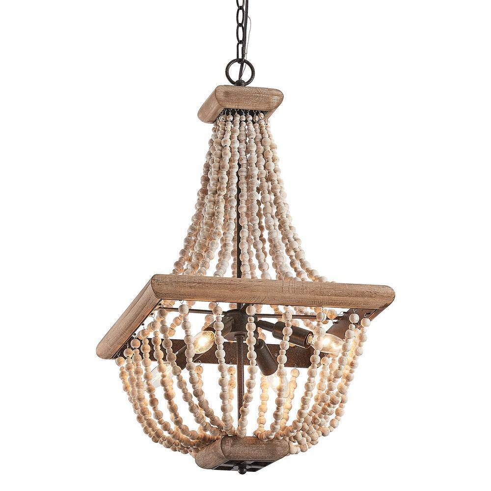Parrot Uncle Regas 4-Light Farmhouse Weathered Wood Bead Candle Style Chandelier
