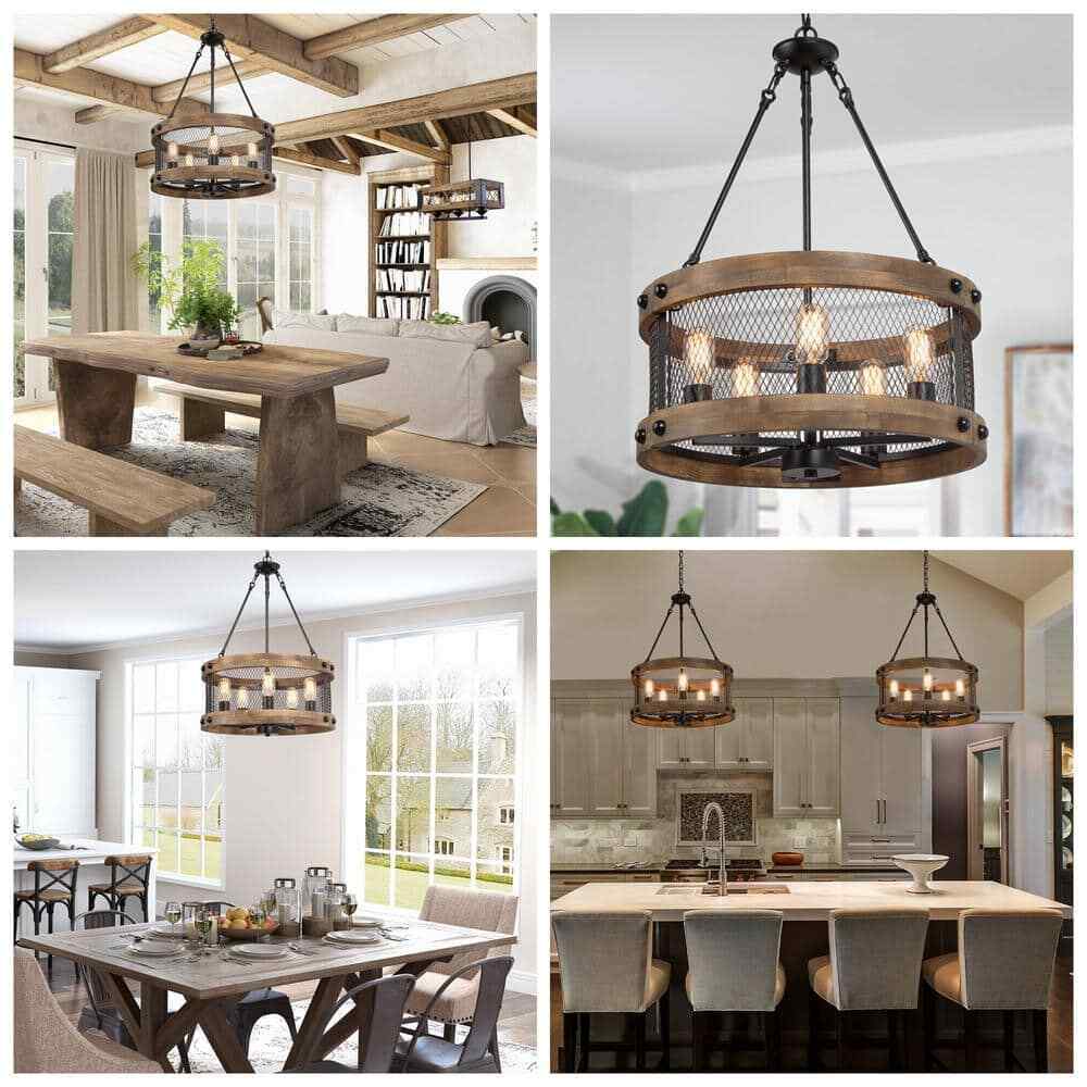 LNC Wood Drum Chandelier 5-Light Brown Candle Black Rustic Farmhouse Chandelier