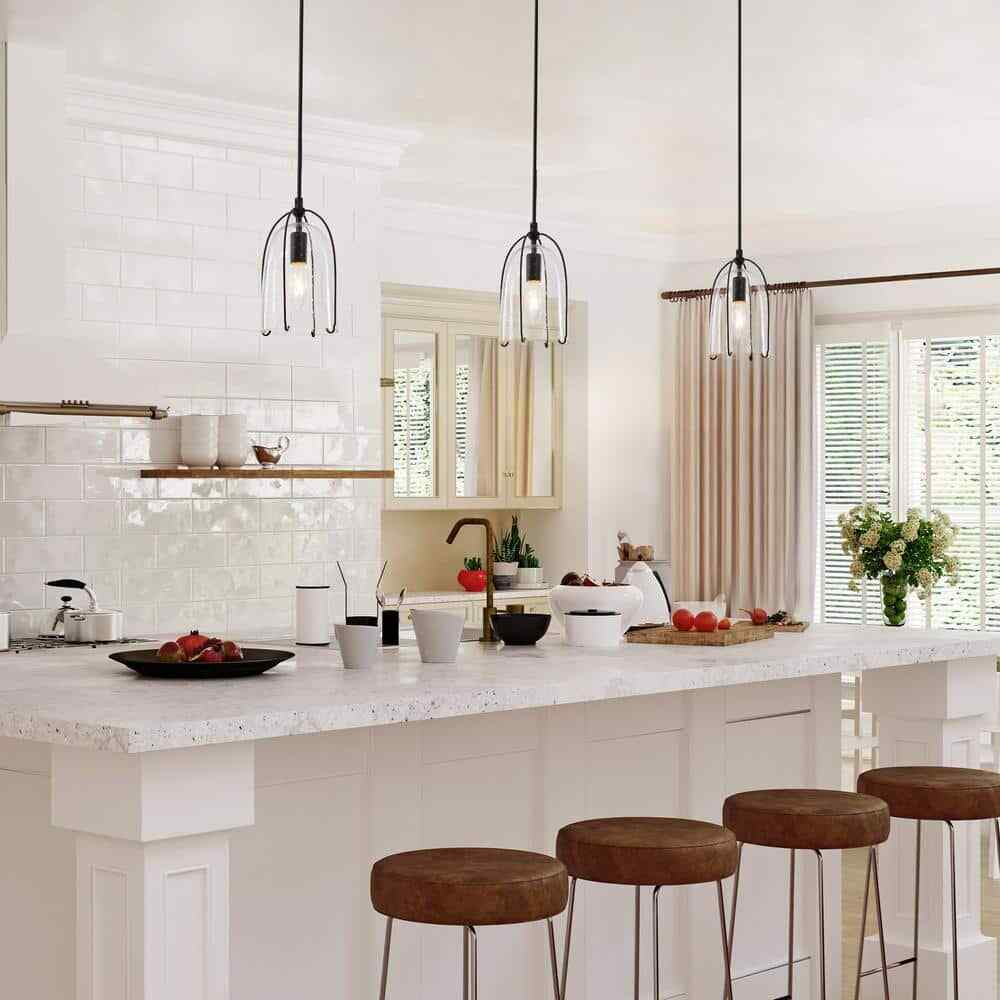 Uolfin Modern Black Kitchen Island Hanging Light with Seeded Glass Shade