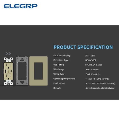ELEGRP 25-Watt 15 Amp Type A and C Dual USB Charger w/ Duplex Outlet, Ivory