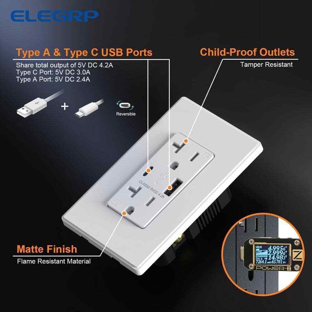 ELEGRP 4.2 Amp Type A + Type C USB Charger Wall Outlet 20 Amp Outlet 4-Pack