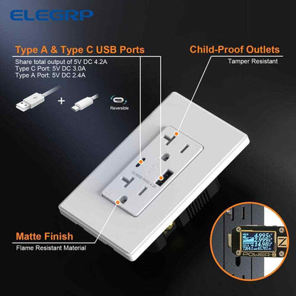 ELEGRP 4.2 Amp Type A + Type C USB Charger Wall Outlet 20 Amp Outlet 4-Pack