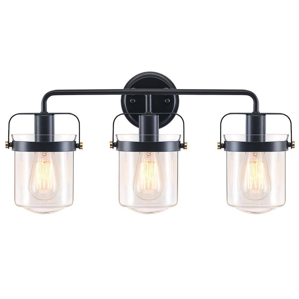 Merra 22 in. 3-Light Matte Black Vanity Light with Clear Glass Shade