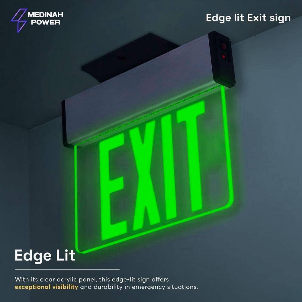 MEDINAH POWER LED Emergency Edge-Lit Exit Sign, Damp Rated GREEN Letters
