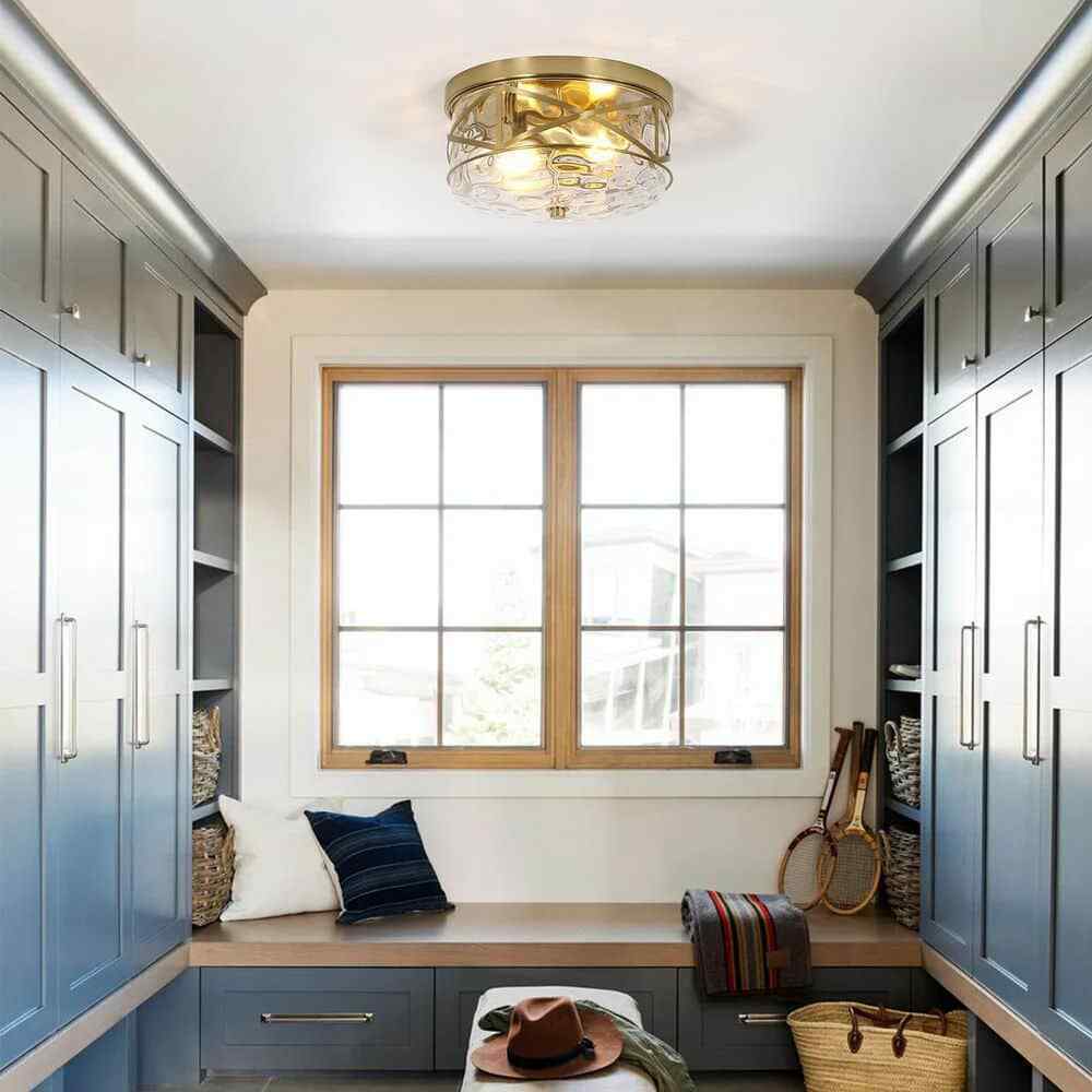 LamQee 12 in. 2-Light Brass Gold Flush Mount Water Ripple Glass Ceiling Light