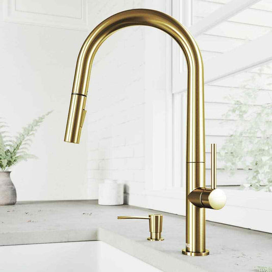 VIGO Greenwich Pull-Down Sprayer Kitchen Faucet w/ Soap Dispenser Brushed Gold