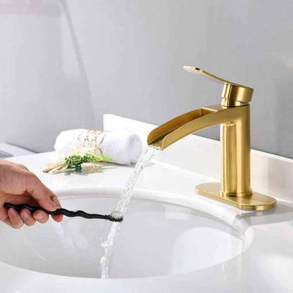 Phiestina Single Handle Waterfall Faucet for Bathroom Sink, Brushed Gold Finish