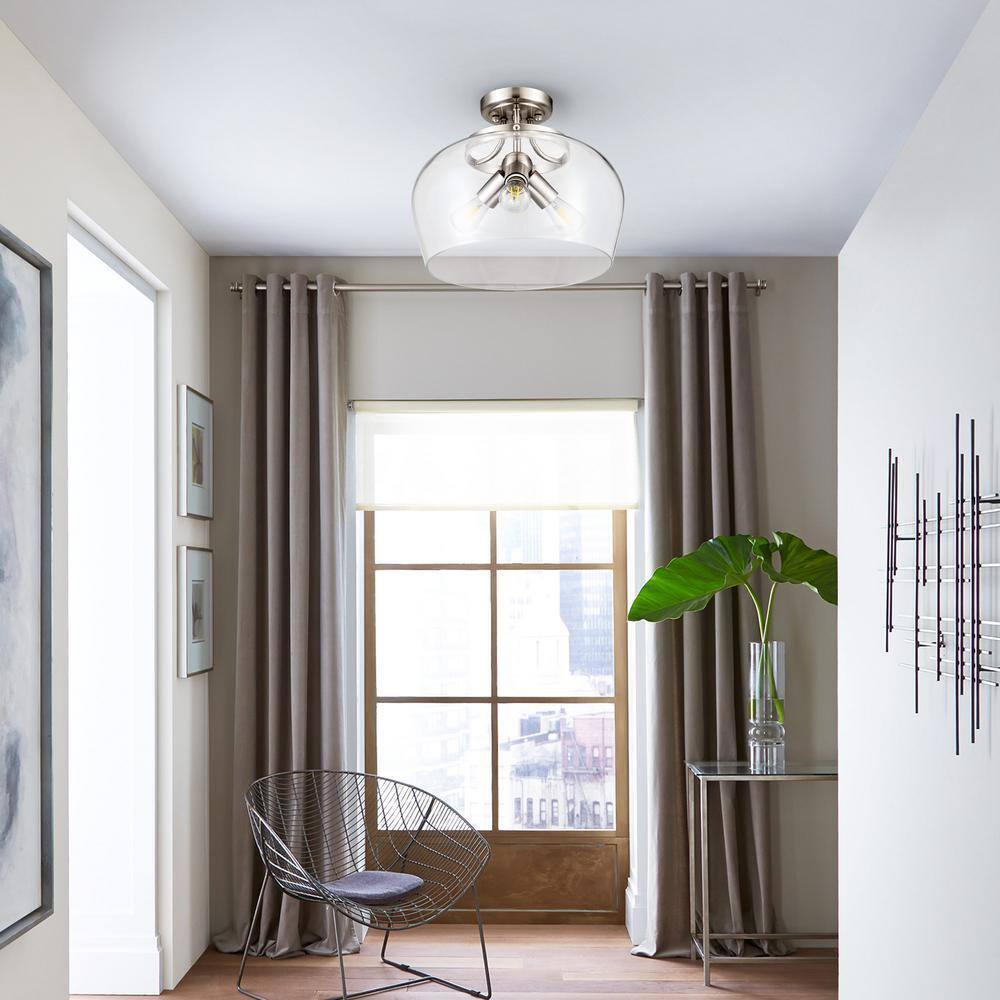 Merra 3-Light Blushed Nickel Semi Flush Mount Ceiling Light with Glass Shade