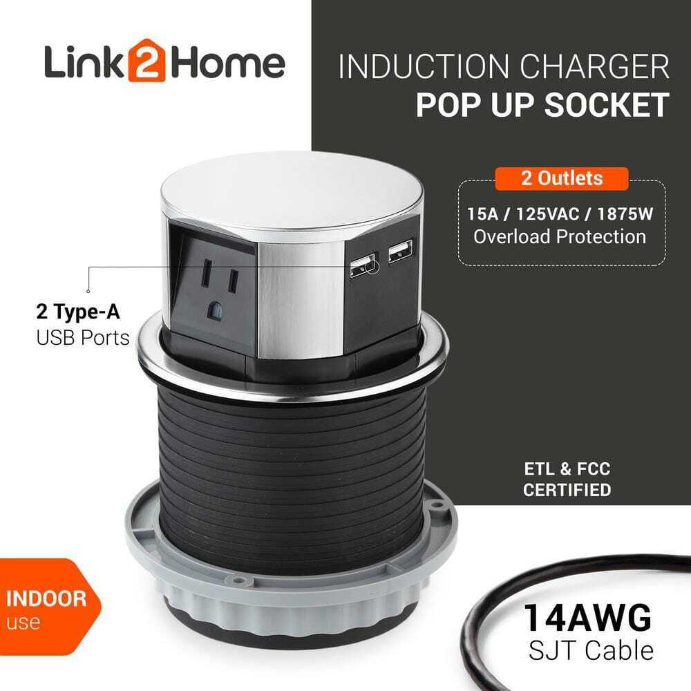 Link2Home Space Saver Pop Up-Outlet 3 Power Outlets 15 Amp 2 USB Ports