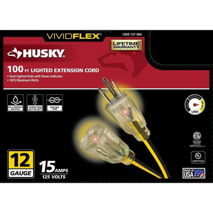 Husky VividFlex 100 ft. 12/3 Heavy Duty Extension Cord w/ Lighted End, Yellow