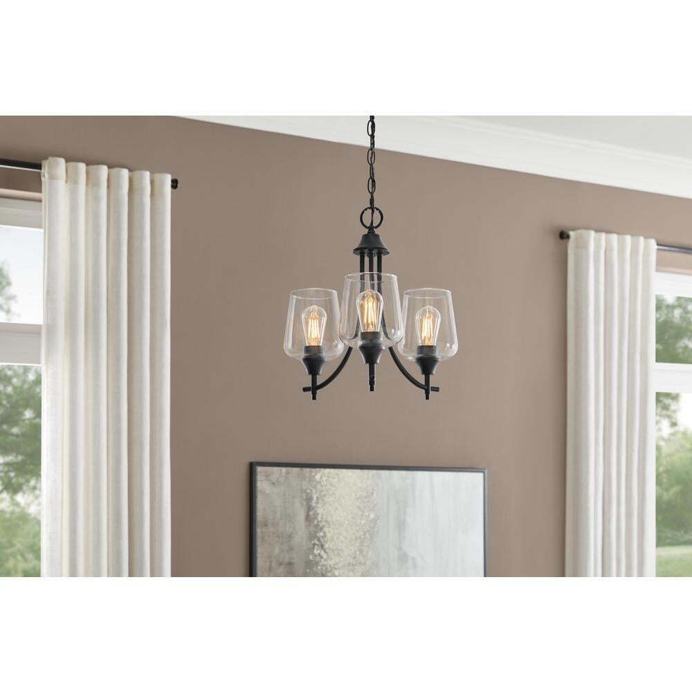 Hampton Bay Pavlen 18 in. 3-Light Black Chandelier with Clear Glass Shades