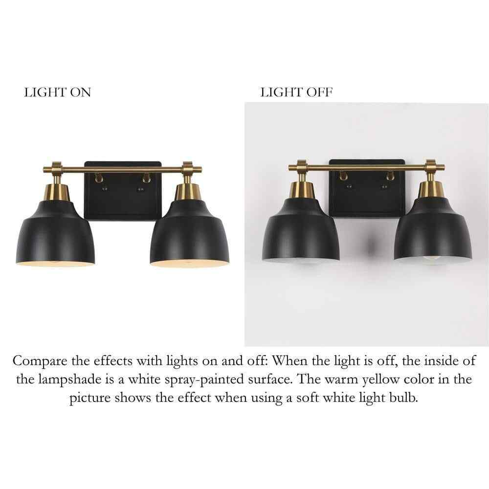 LNC Modern 14.5 in. 2-Light Black Vanity w/ Brass Plated Metal Arm + Bell Shades