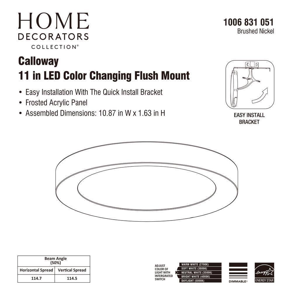 Home Decorators Calloway 11 in. Brushed Nickel Integrated LED 5CCT Flush Mount