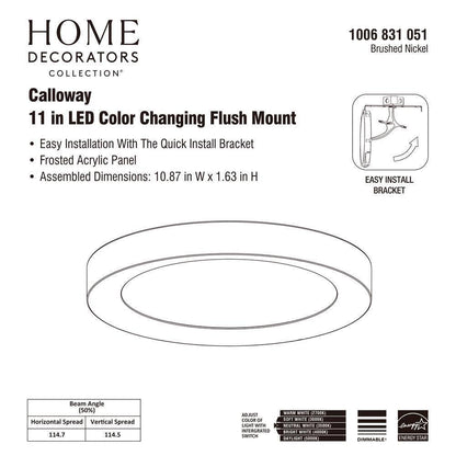 Home Decorators Calloway 11 in. Brushed Nickel Integrated LED 5CCT Flush Mount