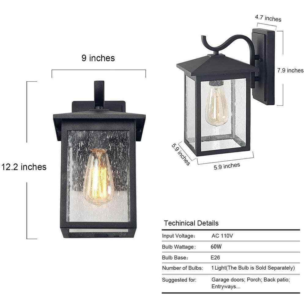 LNC Modern Textured Black Outdoor Sconce with Seeded Glass Shade