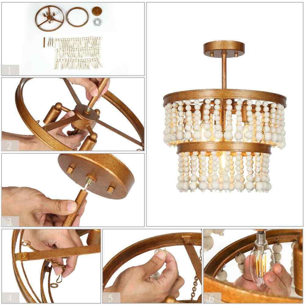 Uolfin Modern Farmhouse Ceiling 4-Light Antique Gold Round Semi-Flush Mount