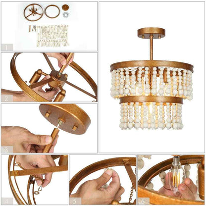 Uolfin Modern Farmhouse Ceiling 4-Light Antique Gold Round Semi-Flush Mount