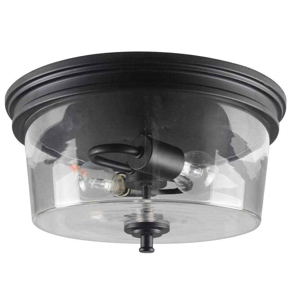 Hampton Bay Manor 13 in. Matte Black Round Flush Mount Industrial Ceiling Light