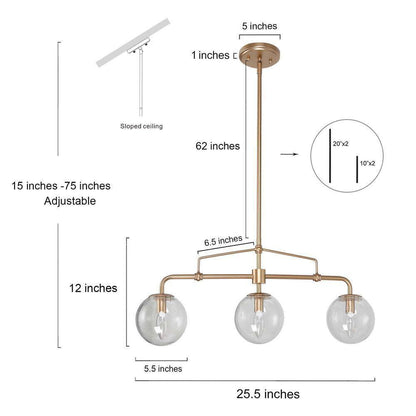 Uolfin Gold Globe Island Chandelier Naomi 25.5 in. 3-Light Linear Dining Pendant