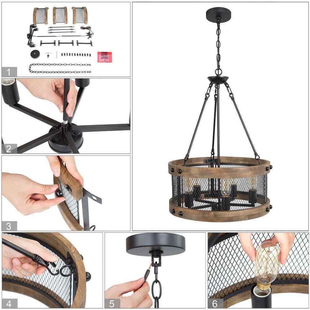 LNC Wood Drum Chandelier 5-Light Brown Candle Black Rustic Farmhouse Chandelier