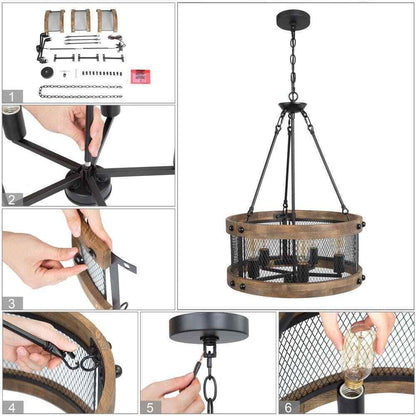 LNC Wood Drum Chandelier 5-Light Brown Candle Black Rustic Farmhouse Chandelier