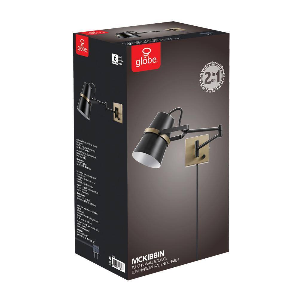 Globe Electric McKibbin 1-Light Matte Black Plug-In or Hardwire Swing Arm Sconce