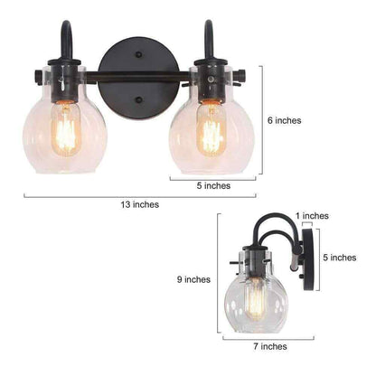 LNC 13 in. 2-Light Modern Black Arched Mirror Vanity Light w/ Globe Glass Shades