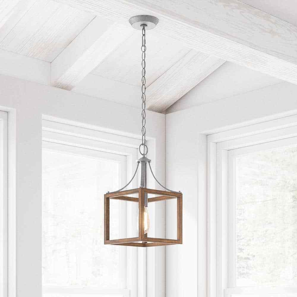 Hampton Bay Boswell Quarter 1-Light Galvanized Mini-Pendant with Wood Accents