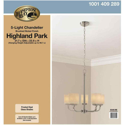 Hampton Bay 5-Light Brushed Nickel Chandelier with Frosted Glass Shades