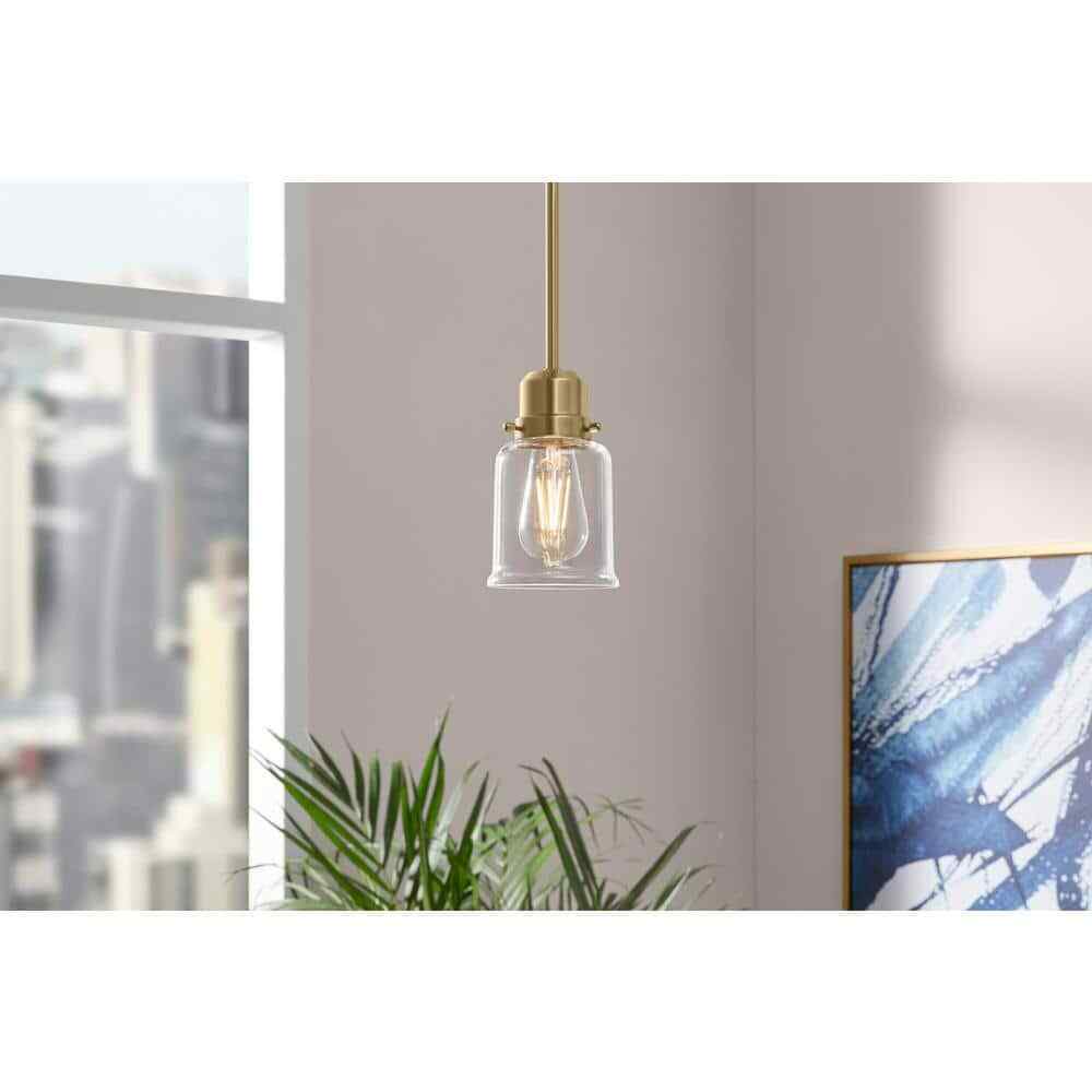 Hampton Bay Timphaven 1-Light Brass Shaded Mini-Pendant Clear Glass