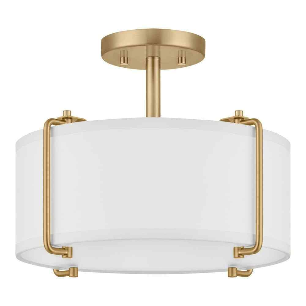 Home Decorators Brookley Brushed Gold Semi-Flush Mount w/ White Fabric Shade