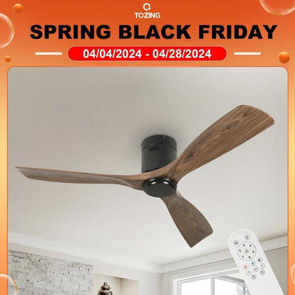 TOZING 52 in. Indoor Industrial Black Wood Windmill Flush Mount Ceiling Fan
