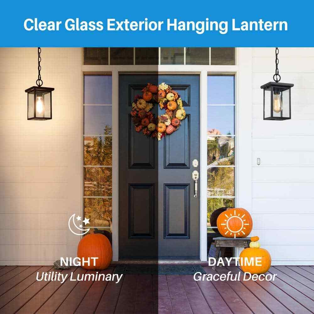 LNC Matte Black Rustic Outdoor Hanging Lantern Square Outdoor Pendant Light