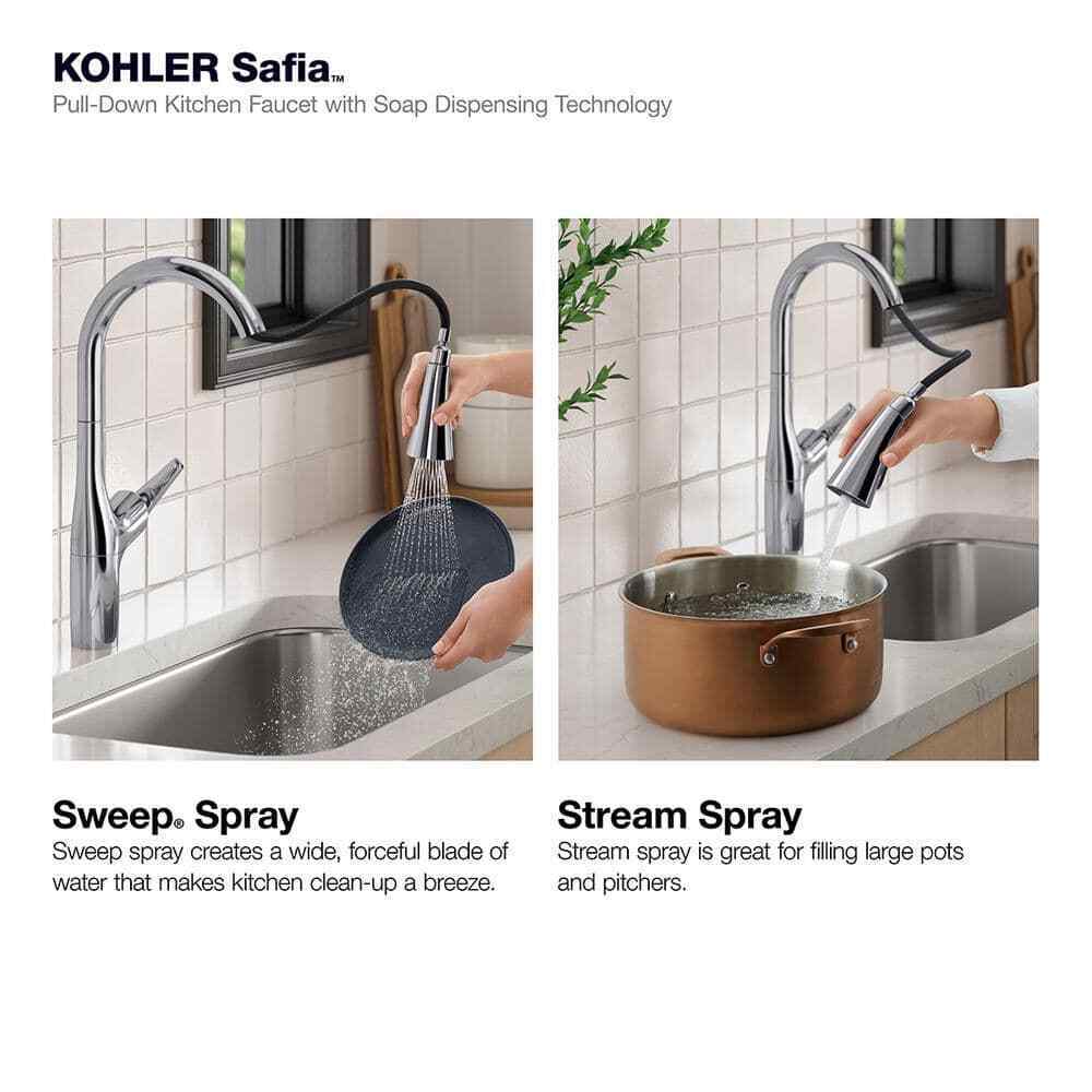 KOHLER Safia Pull Down Sprayer Kitchen Faucet Soap Dispenser in Polished Chrome