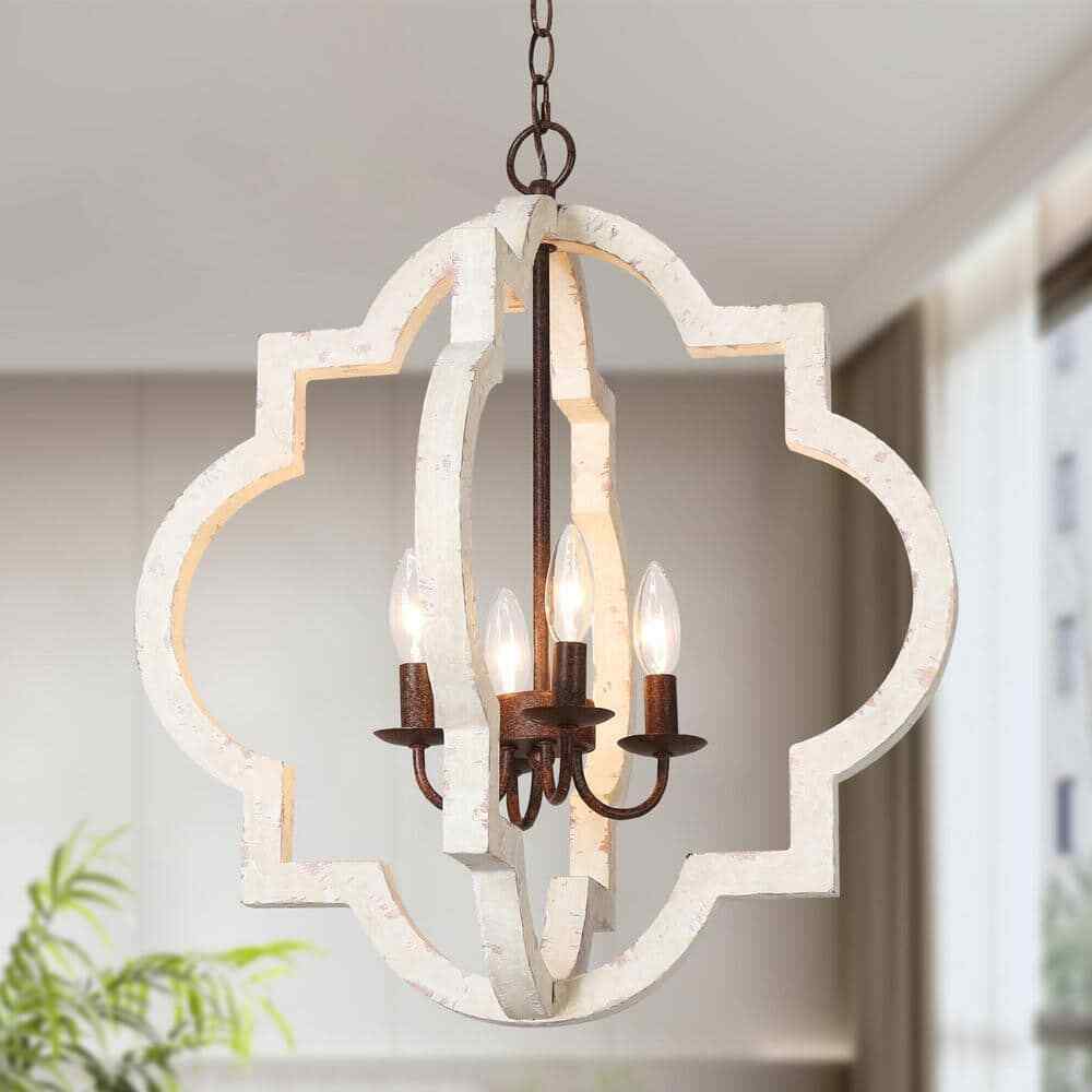 LNC Modern Chandelier 4-Light Distressed White Weathered Wood Adjustable Pendant