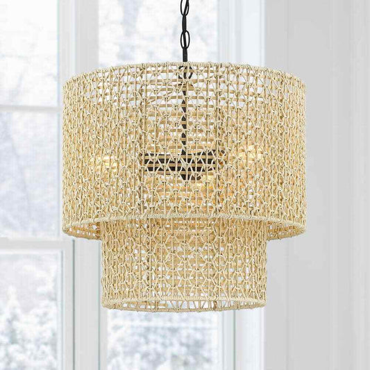 TRUE FINE Bohe 19 in. 4-Light Bohemian Pendant with Natural Rattan Shade