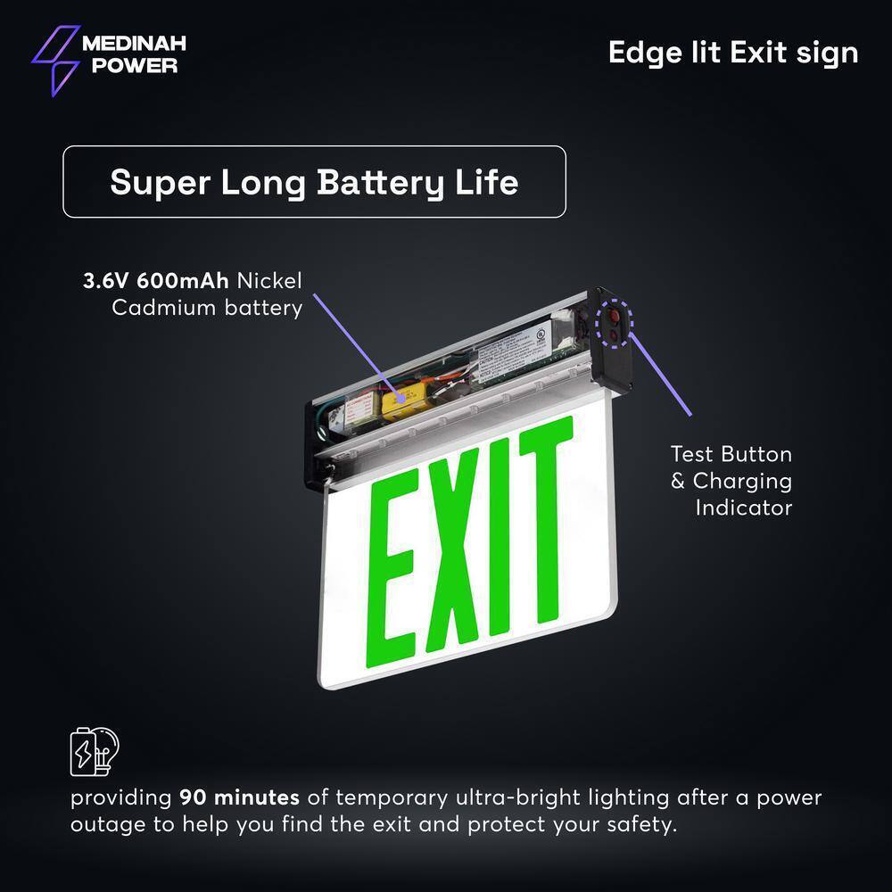 MEDINAH POWER LED Emergency Edge-Lit Exit Sign, Damp Rated GREEN Letters