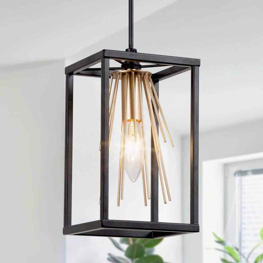 Uolfin Modern Cage Dining Room Pendant Light 1-Light Black and Brass Lantern