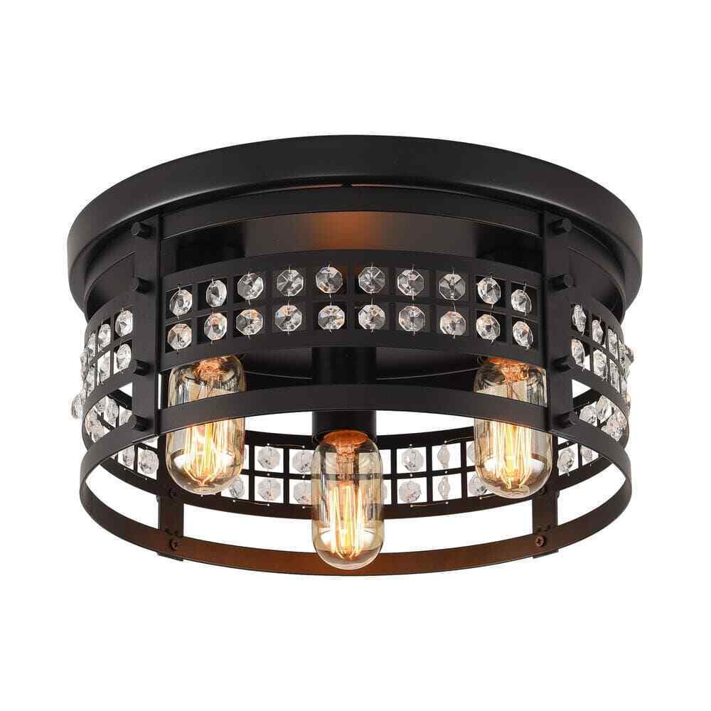 Flint Garden 13.4 in. 3-Light Modern Industrial Matte Black Drum Flush Mount