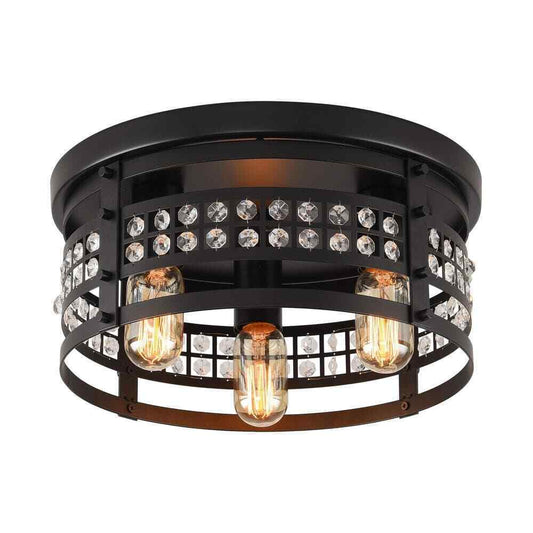 Flint Garden 13.4 in. 3-Light Modern Industrial Matte Black Drum Flush Mount