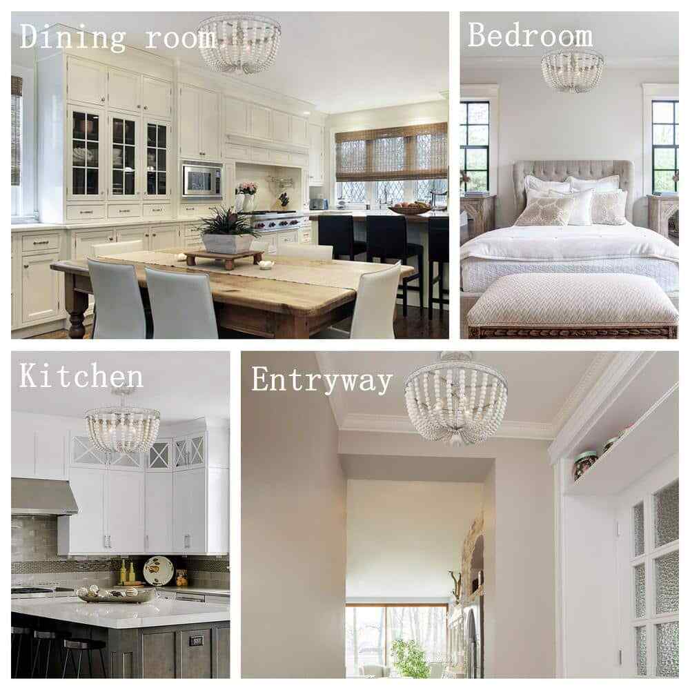 LNC 16 in. Modern Farmhouse Antique White Wood Beaded Semi-Flush Mount 3-Light