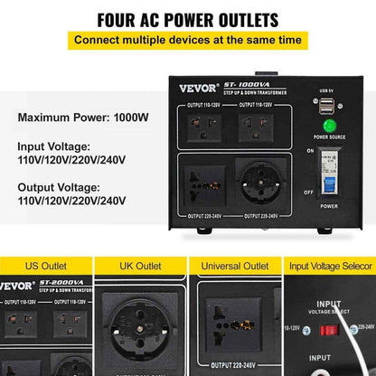 VEVOR Voltage Converter 1000-Watt 110-Volt/240-Volt US/EU Outlet USB Port