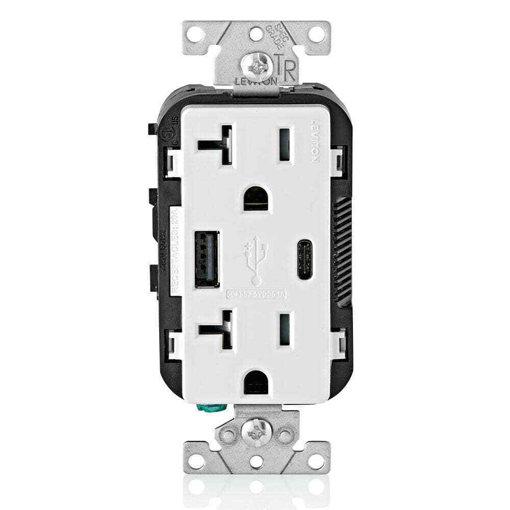 Leviton 20 Amp Tamper Resistant Duplex Outlet w/ Type A and C USB Chargers White