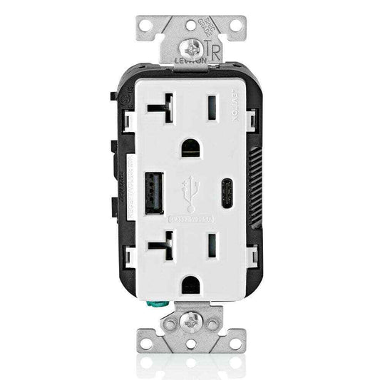 Leviton 20 Amp Tamper Resistant Duplex Outlet w/ Type A and C USB Chargers White