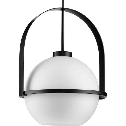 Progress Lighting Delayne Matte Black Pendant Light with Etched Opal Shade